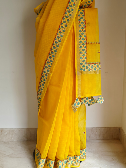 Yellow Kota Patchwork Hand Embroidered Saree