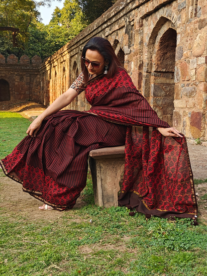 Coffee-Maroon Dabu Handblock Print Chanderi Saree