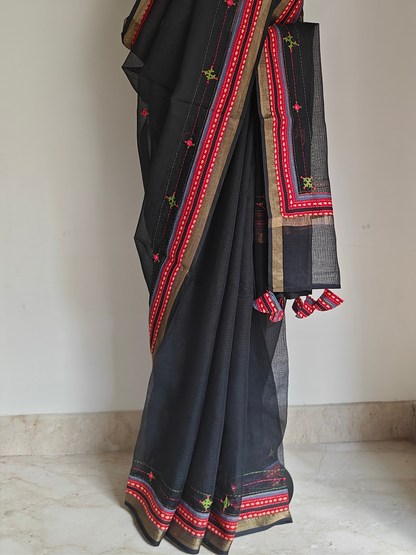 Black Kota Patchwork Hand Embroidered Saree