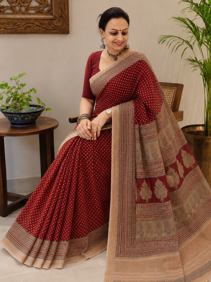 Red Bagh Print Maheshwari Saree