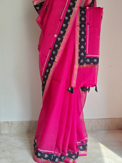 Rani Pink Kota Patchwork Hand Embroidered Saree