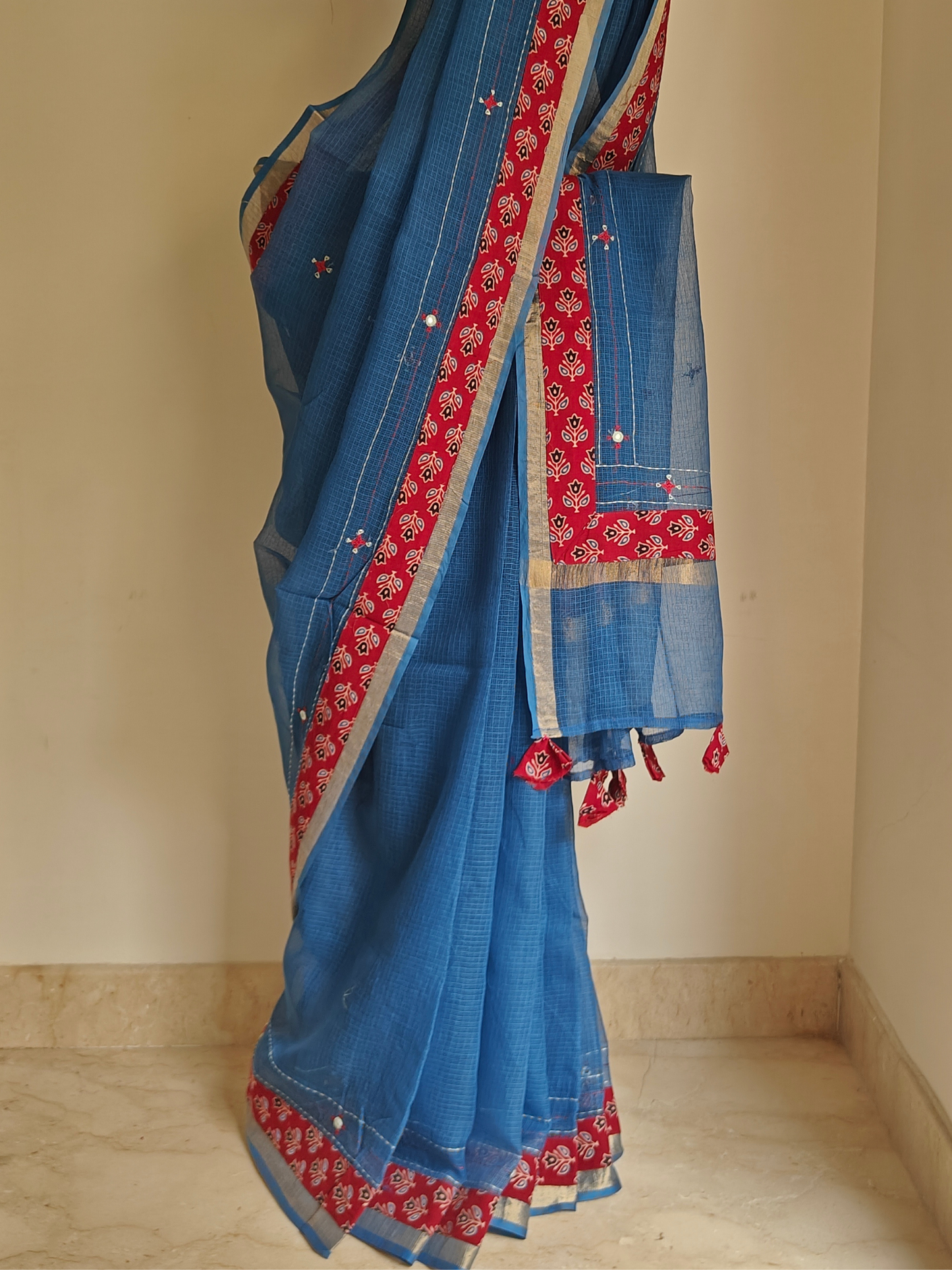 Navy Blue Kota Patchwork Hand Embroidered Saree