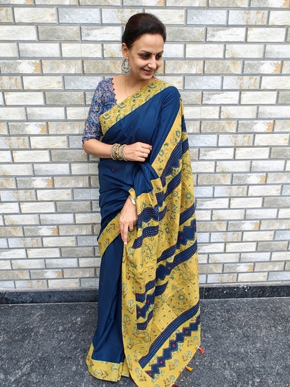 Blue Mull Ajrakh Handcrafted Saree