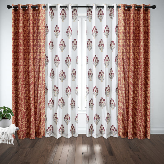 Rust Jaal with Maroon and Mustard Bajra Cotton Handblock Combo (Set of 4 Curtains)