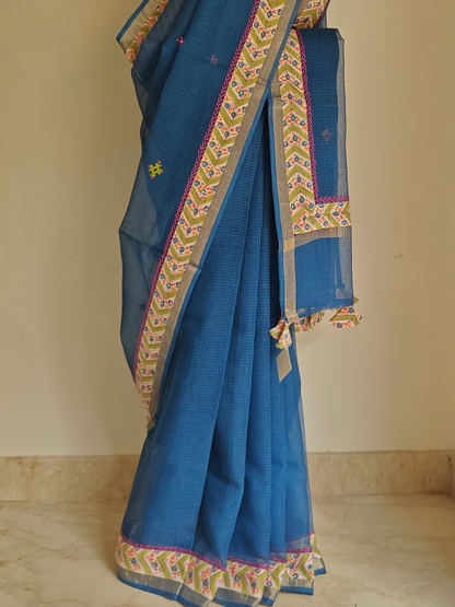 Navy Blue Kota Patchwork Hand Embroidered Saree
