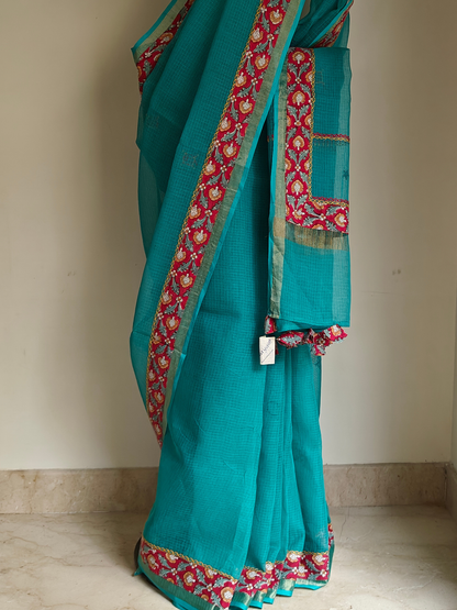Blue Kota Patchwork Hand Embroidered Saree