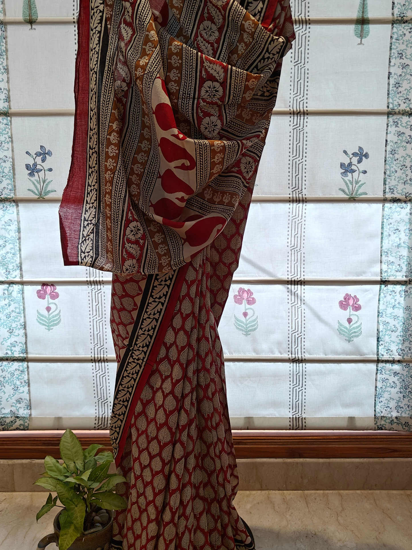 Maroon Bagru Handblock Printed Mull Cotton saree