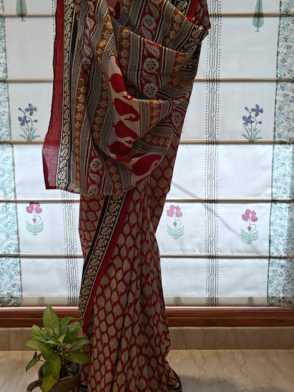 Maroon Bagru Handblock Printed Mull Cotton saree