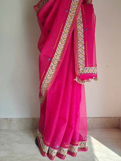 Rani Pink Kota Patchwork Hand Embroidered Saree