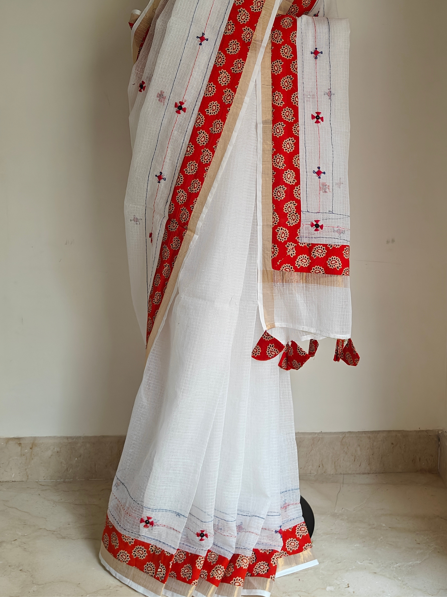 White Kota Patchwork Hand Embroidered Saree