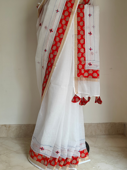 White Kota Patchwork Hand Embroidered Saree