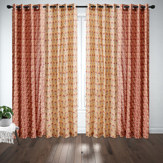 Rust Jaal with Mustard and Maroon Booti Jaal Cotton Handblock Combo (Set of 4 Curtains)