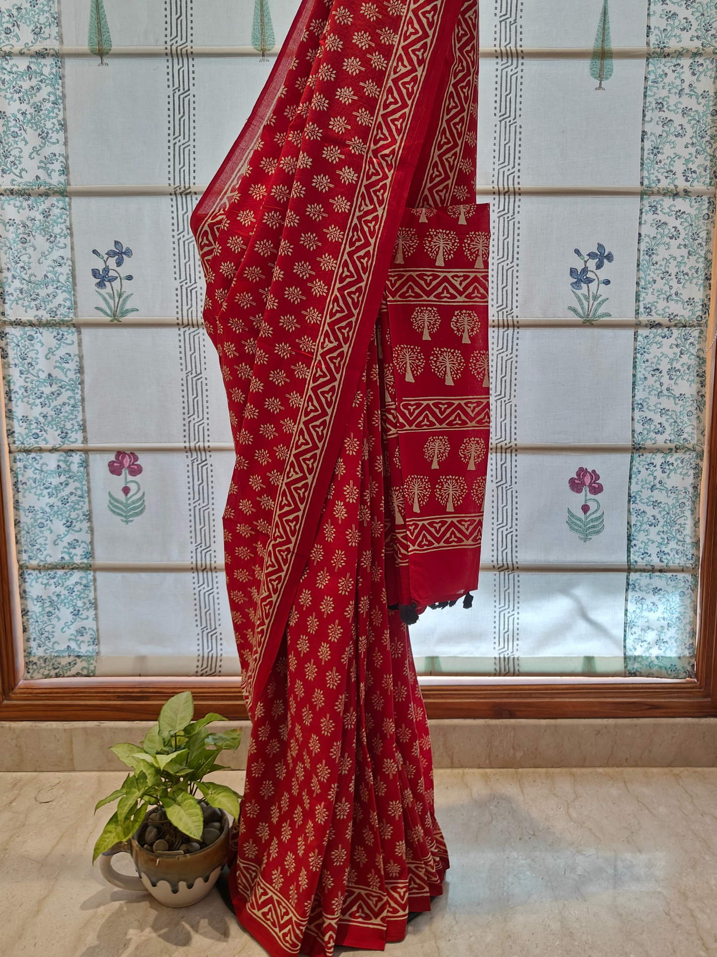 Red Handblock Printed Mull Cotton Saree