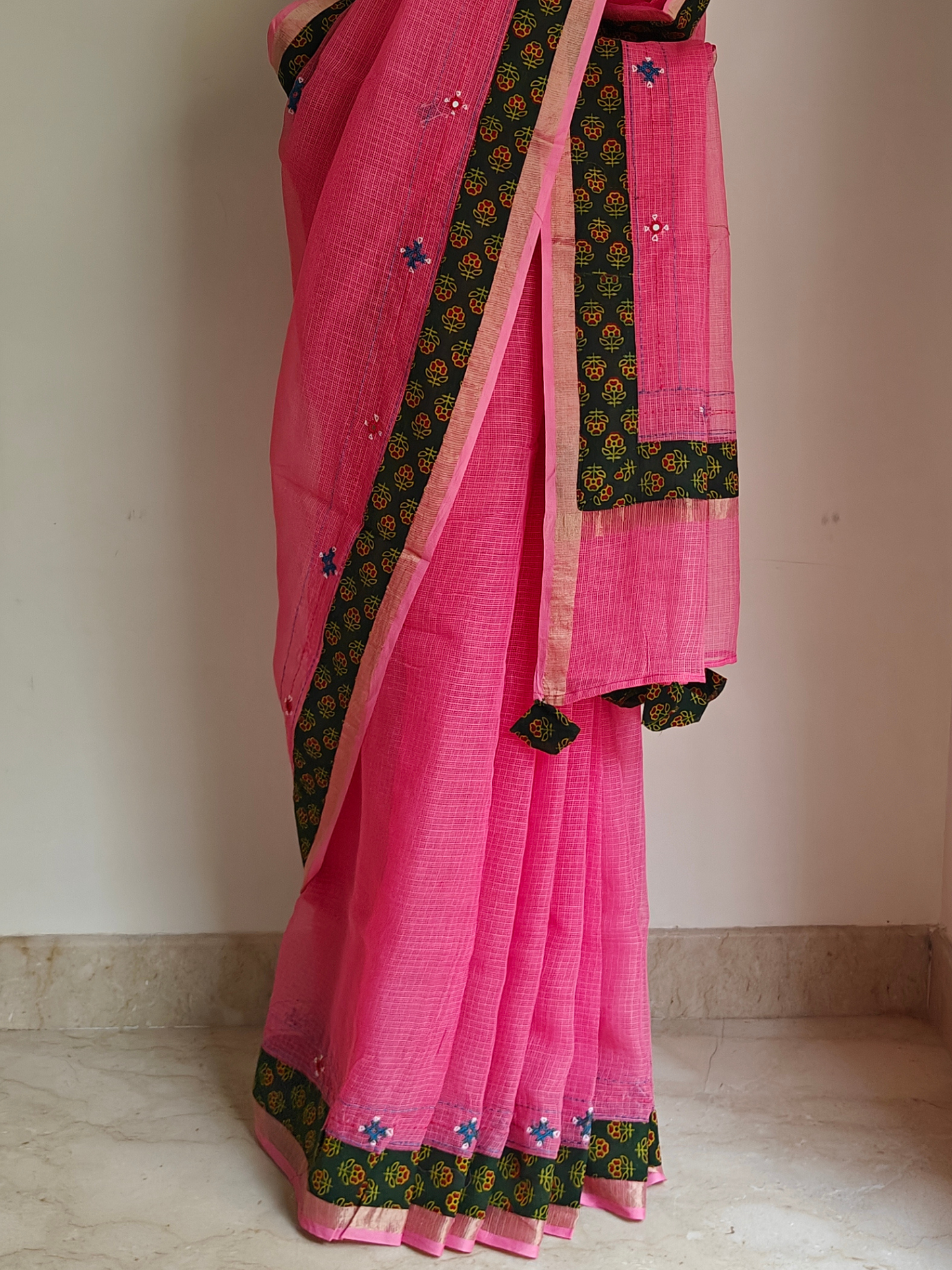 Pink Kota Patchwork Hand Embroidered Saree