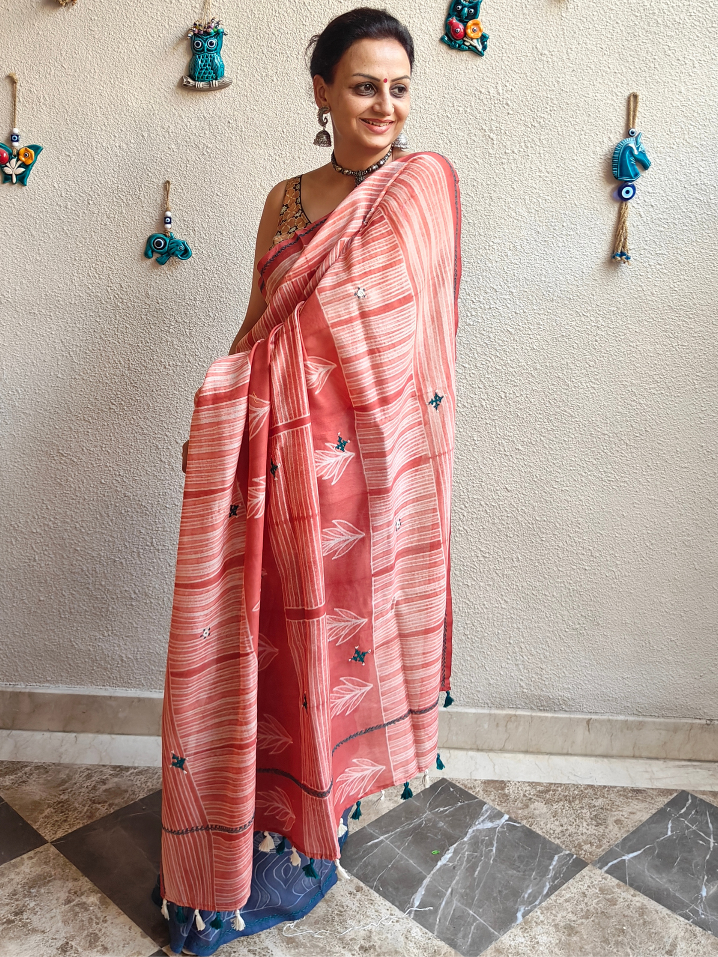 Peach-Blue Half & Half Shibori Handcrafted Saree