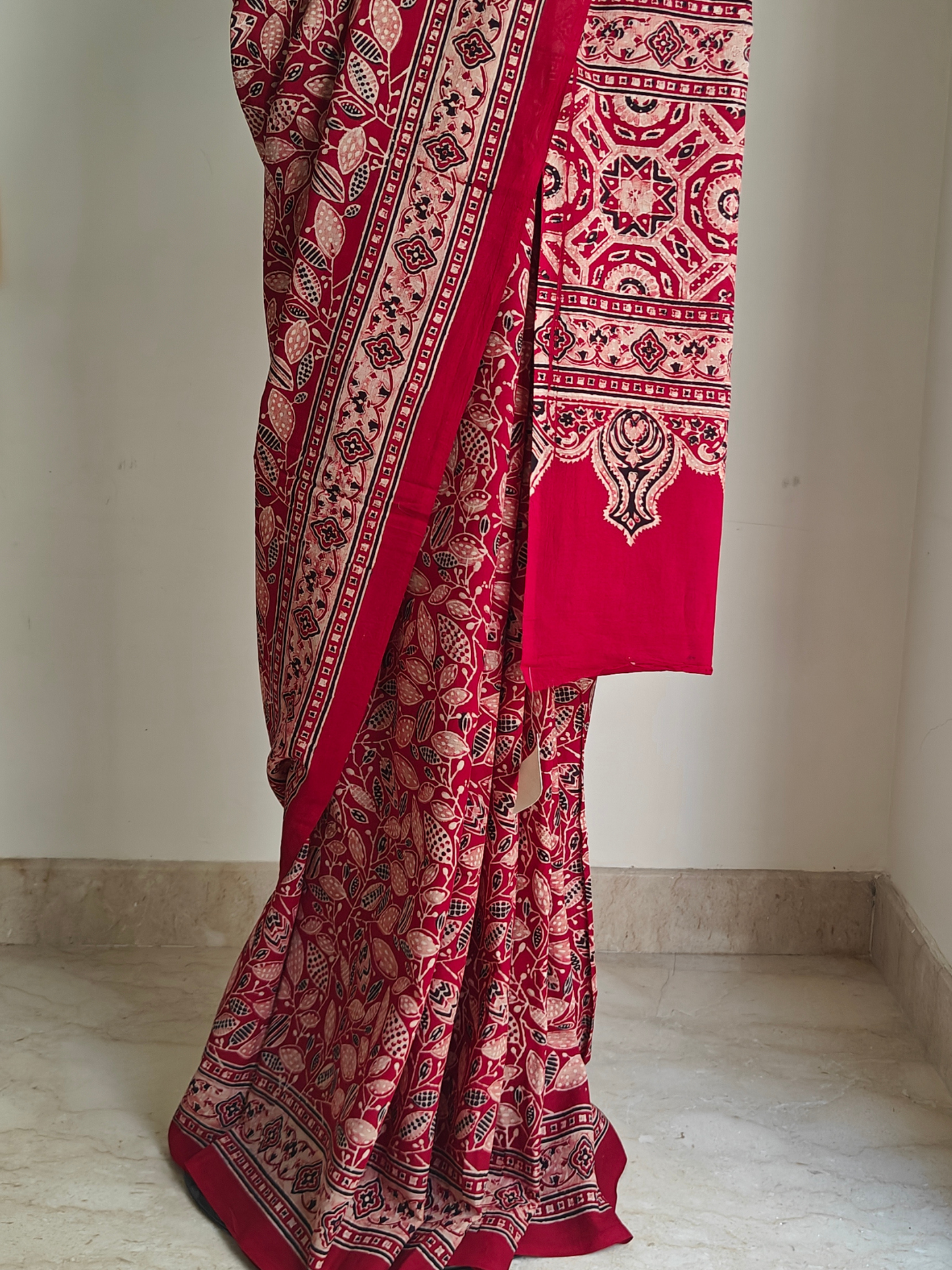Red Ajrakh Handblock Printed Mull Cotton Saree