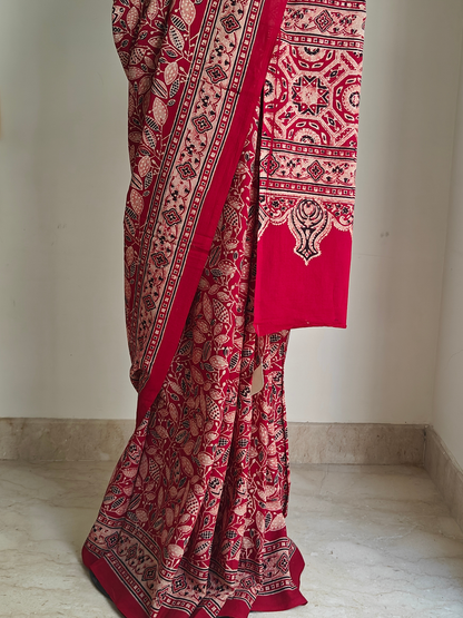 Red Ajrakh Handblock Printed Mull Cotton Saree