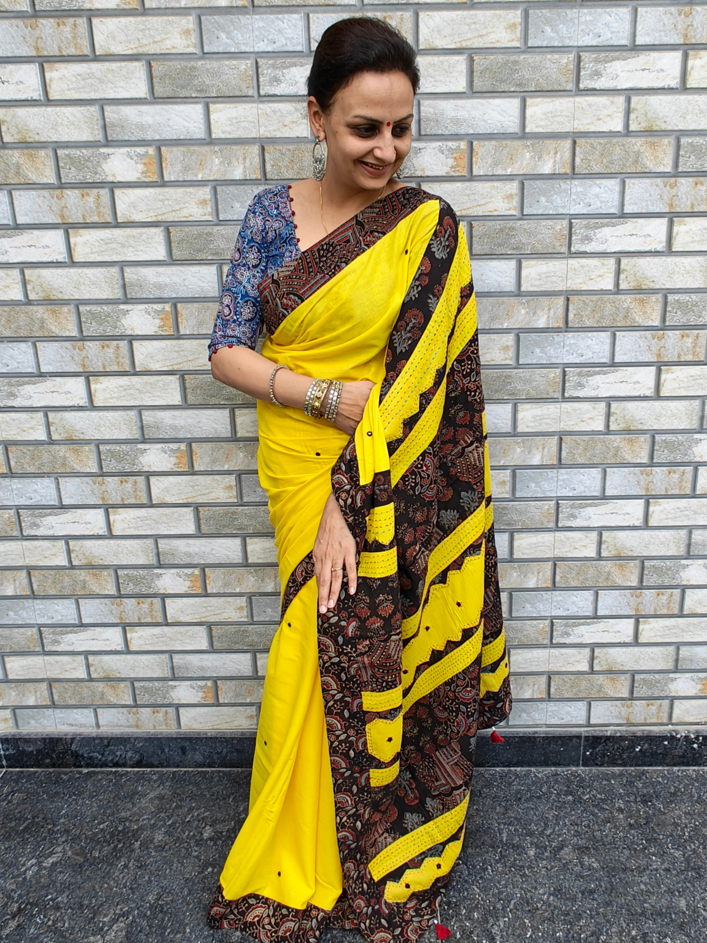 Yellow Ajrakh Handcrafted Saree