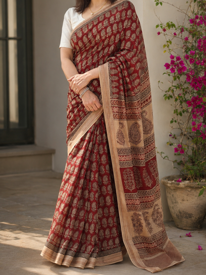 Red Bagh Print Maheshwari Saree