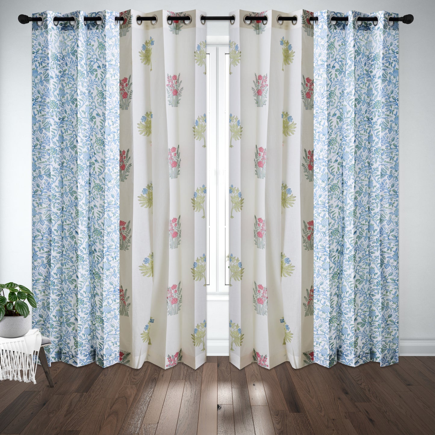Skyblue and Seagreen Jaal with Morning Meadow Boota Cotton Handblock Combo (Set of 4 Curtains)