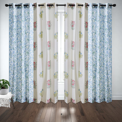 Skyblue and Seagreen Jaal with Morning Meadow Boota Cotton Handblock Combo (Set of 4 Curtains)