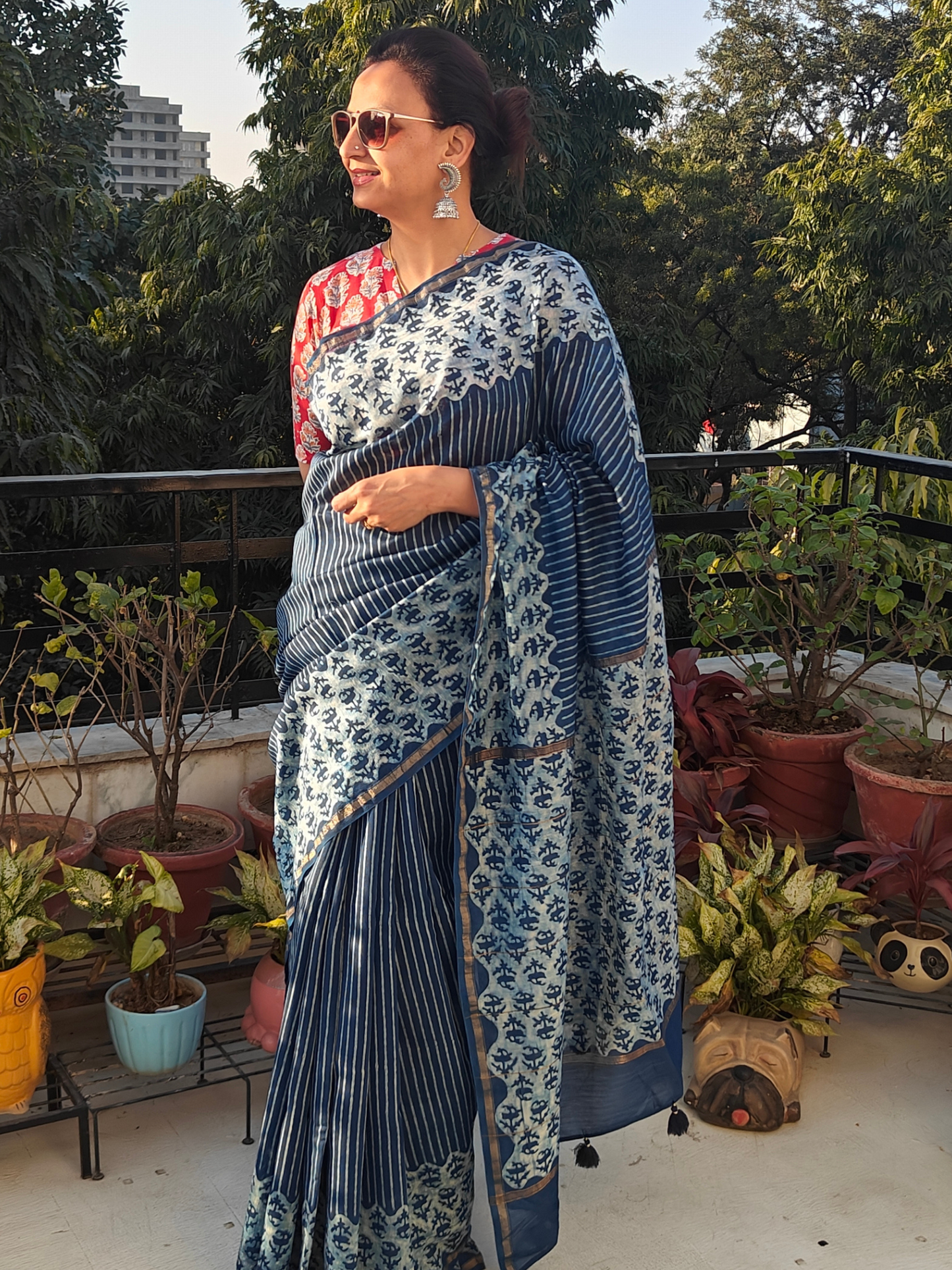 Indigo Dabu Handblock Print Chanderi Saree