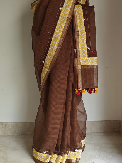 Brown Kota Patchwork Hand Embroidered Saree