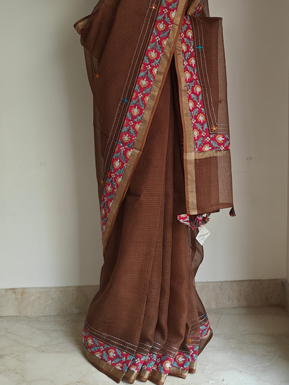 Brown Kota Patchwork Hand Embroidered Saree