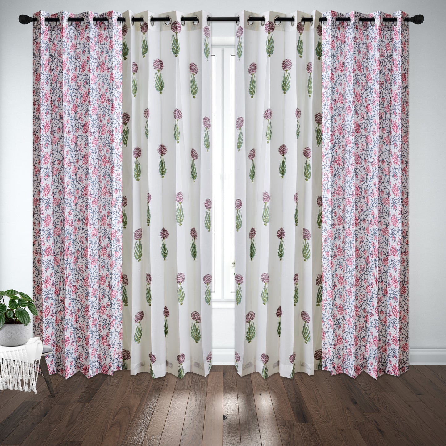 Pink Skyblue Jaal with Anarkali Boota Cotton Handblock Combo (Set of 4 Curtains)