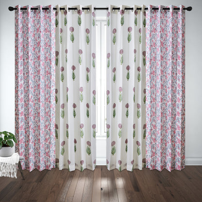 Pink Skyblue Jaal with Anarkali Boota Cotton Handblock Combo (Set of 4 Curtains)