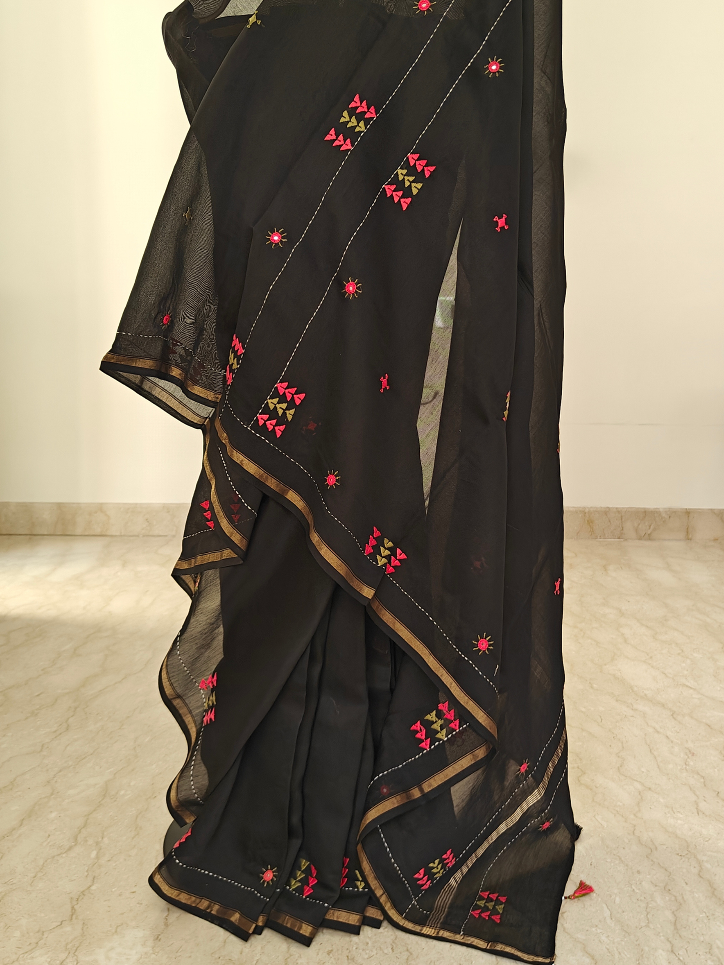 Black Silk-Cotton Chanderi Hand-Embroidered Saree