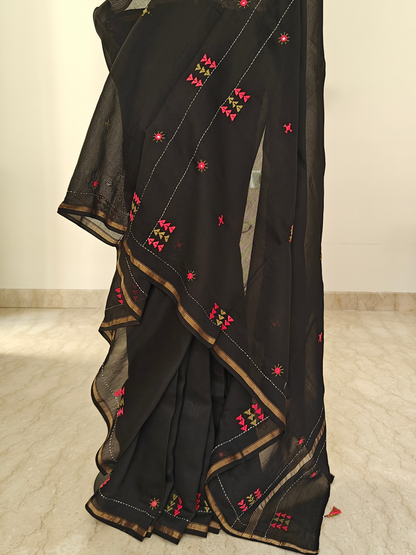 Black Silk-Cotton Chanderi Hand-Embroidered Saree