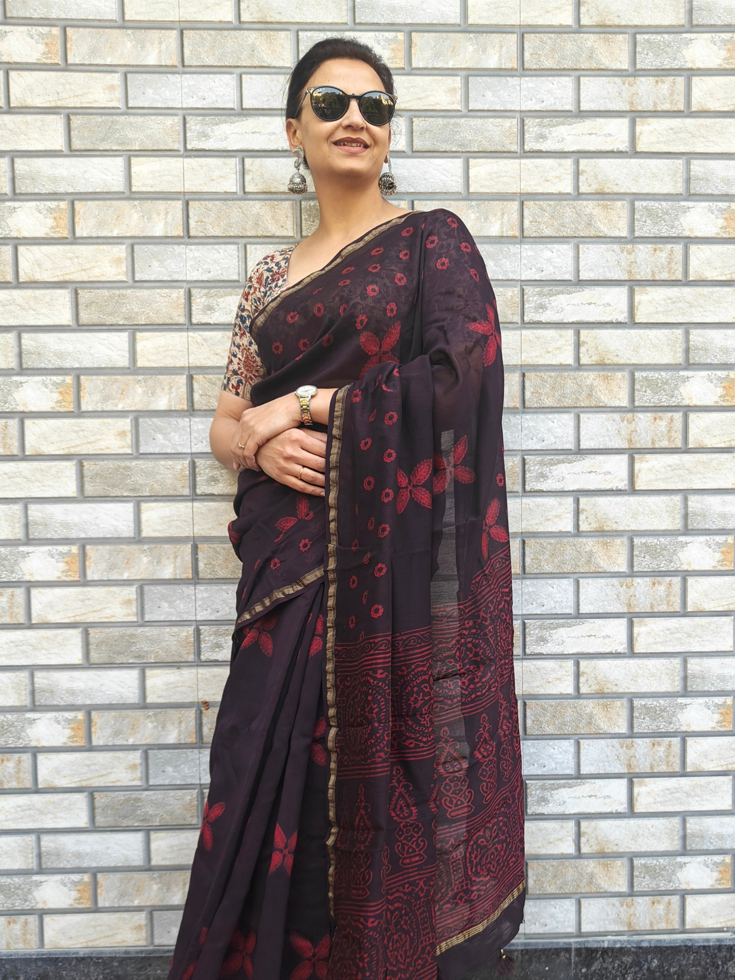 Coffee-Maroon Dabu Handblock Print Chanderi Saree
