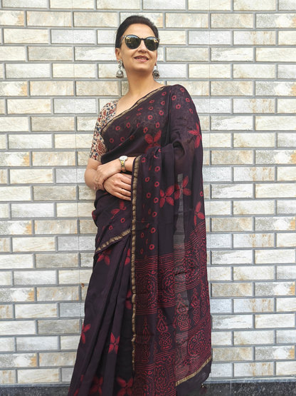 Coffee-Maroon Dabu Handblock Print Chanderi Saree