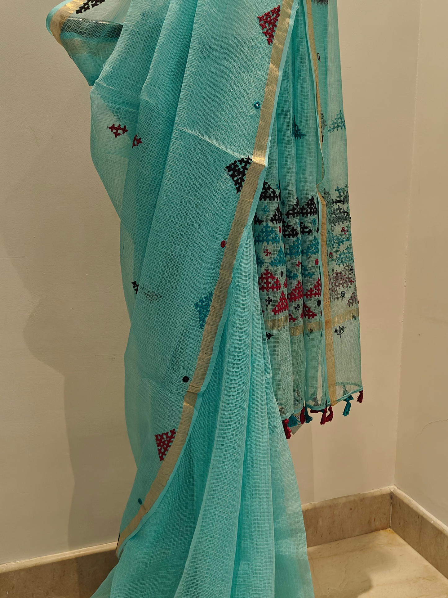 Aqua Blue Kota Hand Embroidered Saree