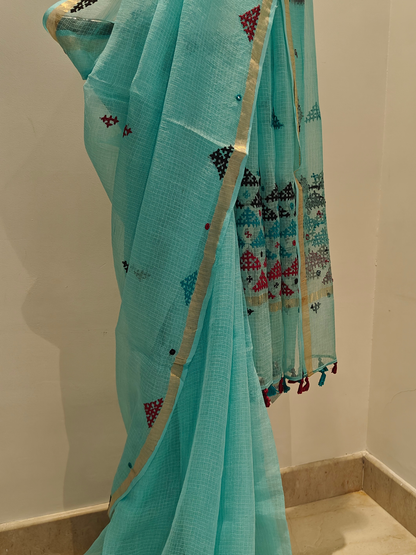 Aqua Blue Kota Hand Embroidered Saree