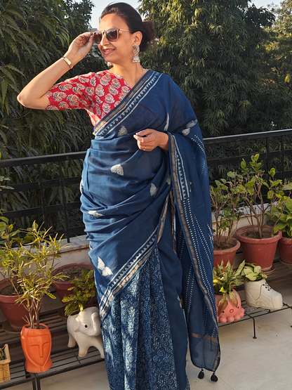 Indigo Dabu Handblock Print Chanderi Saree (Copy)