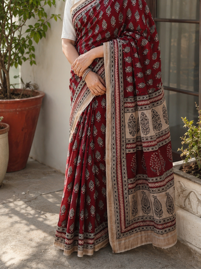 Red Bagh Print Maheshwari Saree