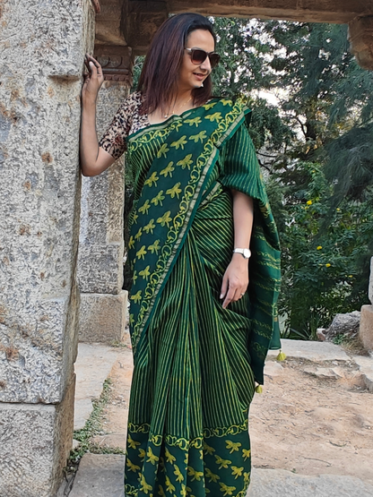 Green-Yellow Dabu Handblock Print Chanderi Saree