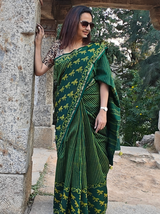 Green-Yellow Dabu Handblock Print Chanderi Saree