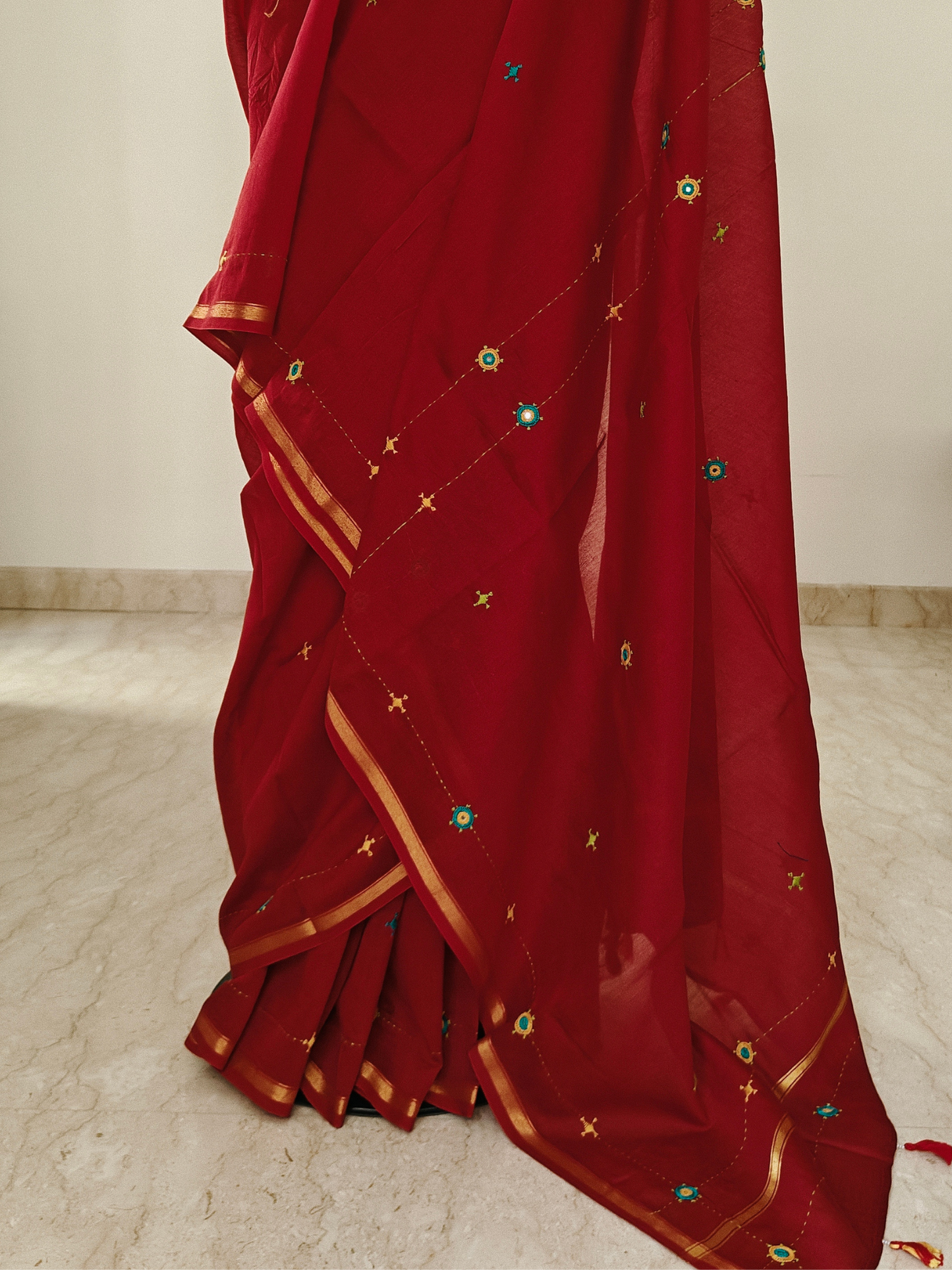 Red Silk-Cotton Chanderi Hand-Embroidered Saree