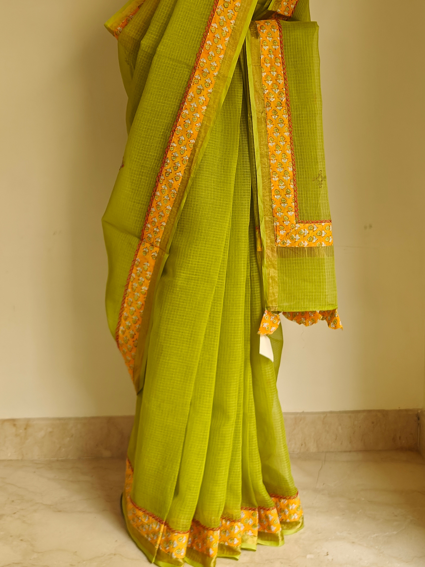 Lime Green Kota Patchwork Hand Embroidered Saree