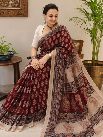 Red Bagh Print Maheshwari Saree