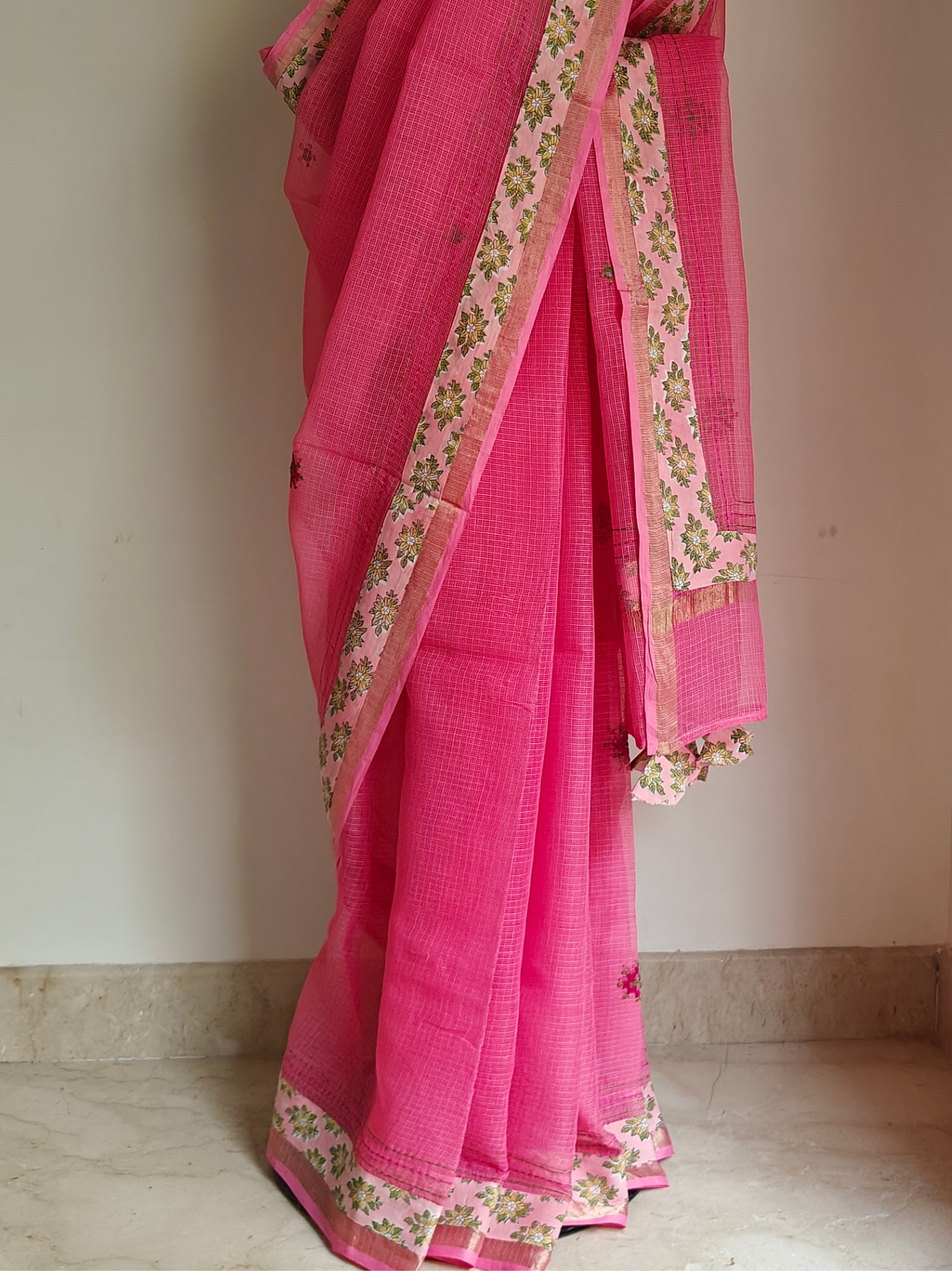 Pink Kota Patchwork Hand Embroidered Saree