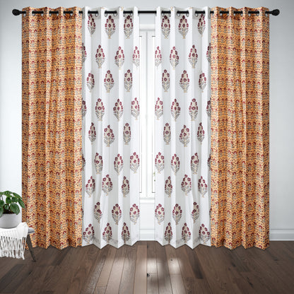 Mustard and Maroon Booti Jaal with Mustard and Maroon Bajra Cotton Handblock Combo (Set of 4 Curtains)