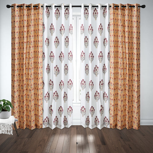 Mustard and Maroon Booti Jaal with Mustard and Maroon Bajra Cotton Handblock Combo (Set of 4 Curtains)