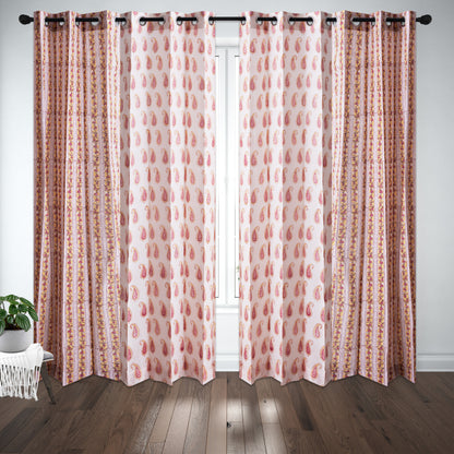 Pink Pattern Jaal with Pink Paisley Cotton Handblock Combo (Set of 4 Curtains)