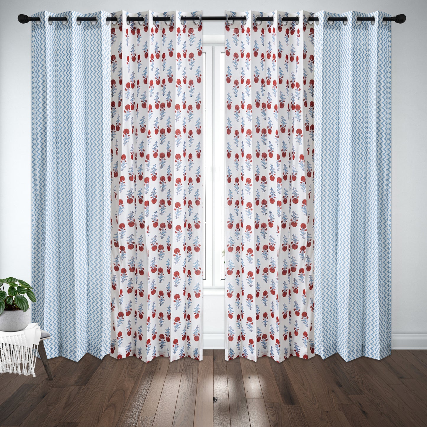 Sky Blue Zigzag with Red and Skyblue Booti Cotton Handblock Combo (Set of 4 Curtains)