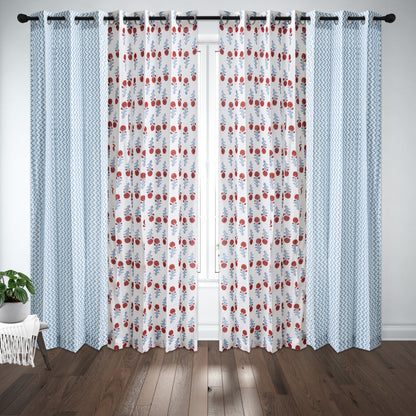 Sky Blue Zigzag with Red and Skyblue Booti Cotton Handblock Combo (Set of 4 Curtains)