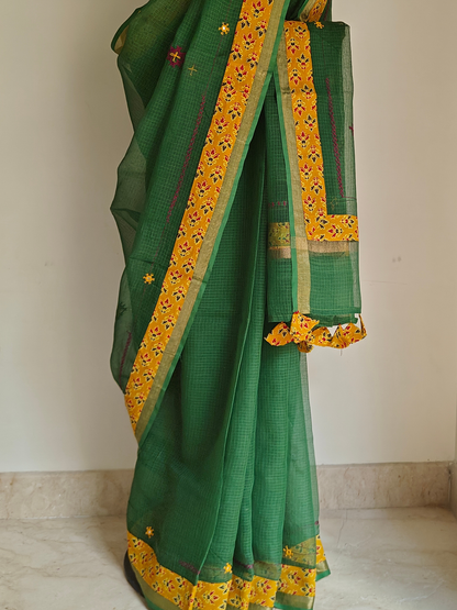 Green Kota Patchwork Hand Embroidered Saree
